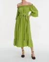 Exquise Off Shoulder Pleated Midi Linen Dress In Green In Green