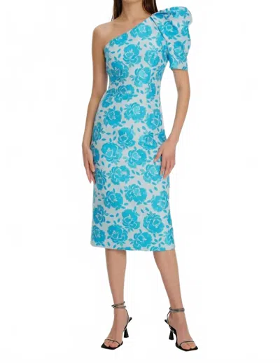 Exquise One Shoulder Floral Patterned Midi Dress In Original Print In Blue