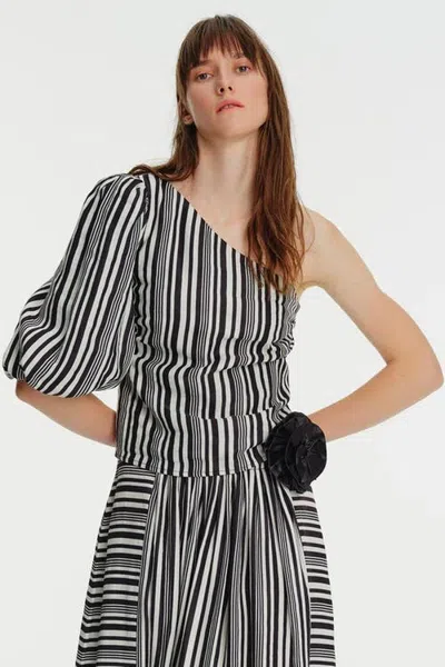 Exquise One Shoulder Striped Blouse In Black