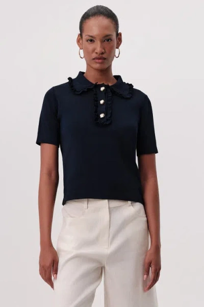 Exquise Parker Ruffle Collar Short Sleeve Knit Blouse In Blue