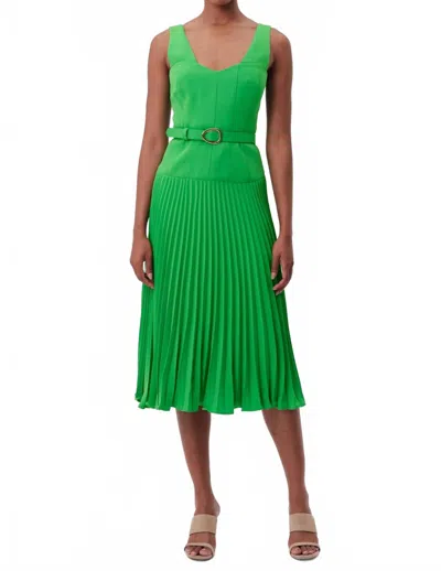 Exquise Pleated Belted Crepe Dress In Green