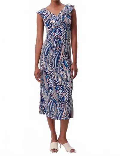Exquise Pleated Detailed Sleeveless Midi Patterned Dress In Original Print In Blue