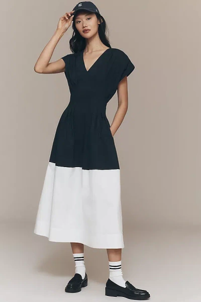 Exquise Pleated Short-sleeve Twofer Midi Dress In Black