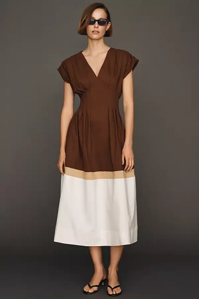 Exquise Pleated Short-sleeve Twofer Midi Dress In Brown