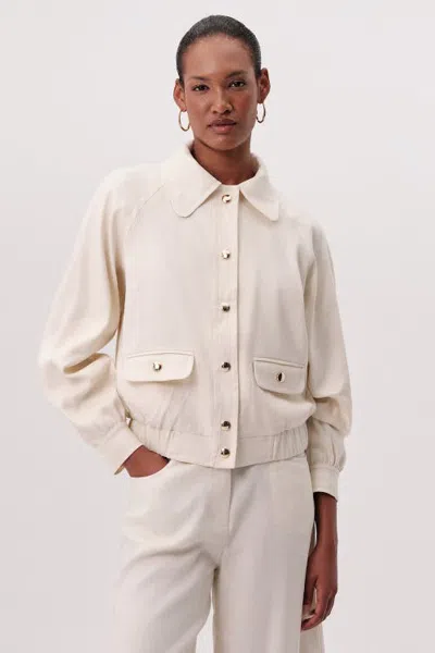 Exquise Pocketed Long Sleeve Elastic Waist Crop Bomber Jacket In Ecru