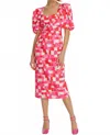 Exquise Puff Sleeve Square Neck Midi Dress In Original Print In Pink