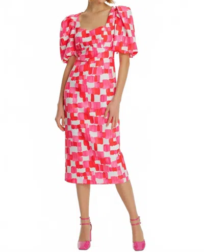 Exquise Puff Sleeve Square Neck Midi Dress In Original Print In Pink