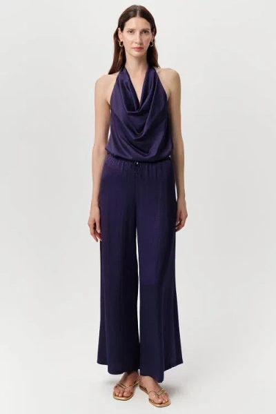 Exquise Queen Drawstring Waist Wide Leg Satin Pants In Purple