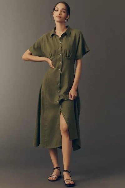 Exquise Raina Linen Short-sleeve Midi Dress In Green