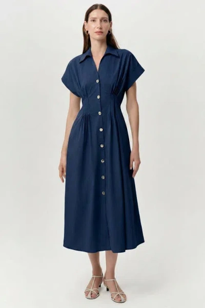 Exquise Reilly Shirt Collar Elastic Waist Midi Dress In Blue