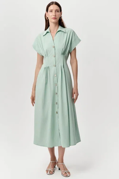 Exquise Reilly Shirt Collar Elastic Waist Midi Dress In Green