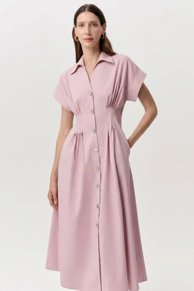Exquise Reilly Shirt Collar Elastic Waist Midi Dress In Pink