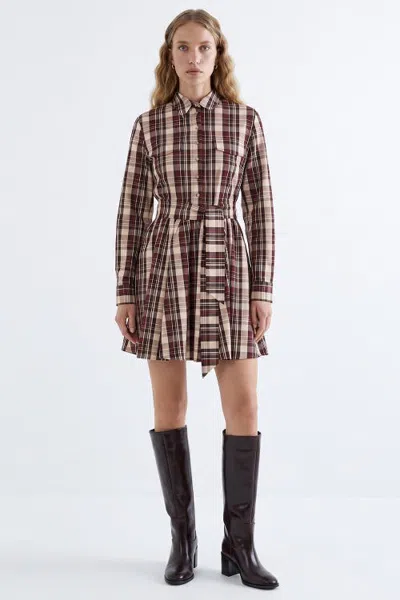 Exquise Ruched Waist Mini Dress With Belt And Zipper In Brown
