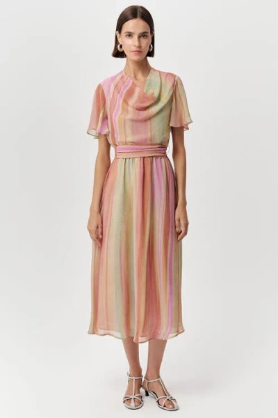 Exquise Sahra Cowl Neck Short Sleeve Striped Midi Dress In Multi