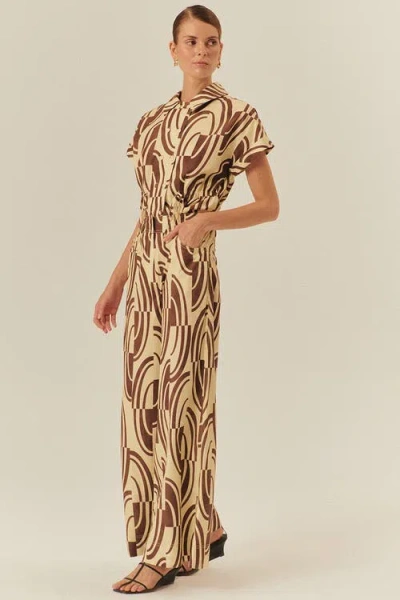 Exquise Sara Abstract Print Cotton Wide Leg Pants In Brown
