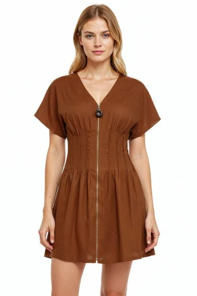 Exquise Short Sleeve Linen Mini Dress In Brown