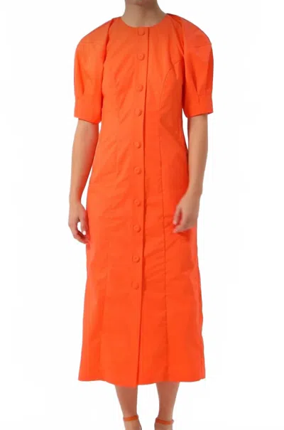 Exquise Sleeve Pleat Detailed Crew Neck Cotton Shirt Dress In Orange