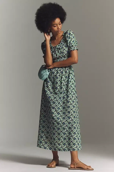 Exquise Smocked Puff Sleeve Midi Dress In Multi