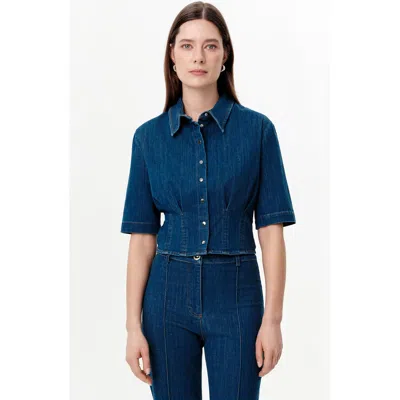 Exquise Snap Button Denim Shirt With Pleated Waist In Blue