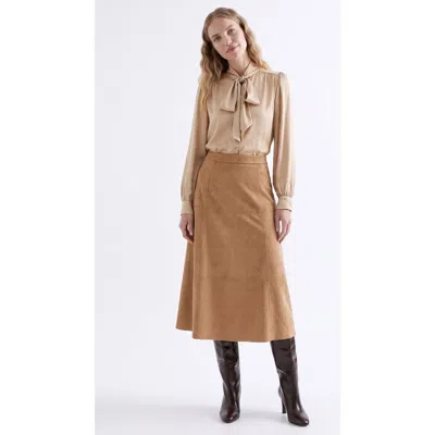 Exquise Stitch Detail Suede Midi Skirt With Zipper In Brown