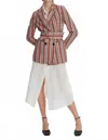 Exquise Striped Patterned Belt Detailed Blazer In Original Print In Orange