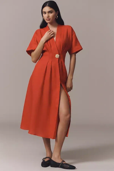 Exquise The Tobie Button-front Pleated Shirt Dress By : Linen Edition In Orange