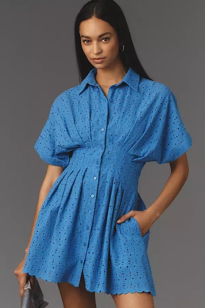 Exquise The Tobie Button-front Pleated Shirt Dress By : Mini Eyelet Edition In Blue