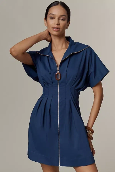 Exquise The Tobie Front-zip Mini Shirt Dress By  In Blue