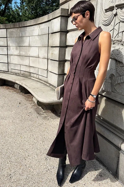 Exquise Tobie Faux Suede Sleeveless Shirtdress In Brown