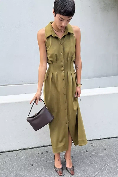 Exquise Tobie Faux Suede Sleeveless Shirtdress In Green