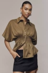 Exquise Tobie Waisted Button-down Shirt Top In Brown