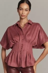 Exquise Tobie Waisted Button-down Shirt Top In Burgundy