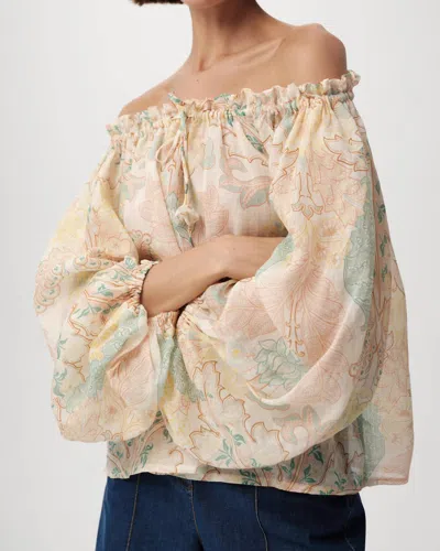 Exquise Uliana Off Shoulder Tie Neck Long Sleeve Blouse In Neutral