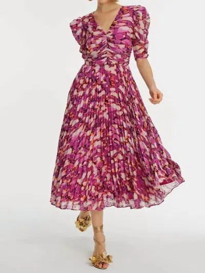 Exquise V Neck Gather Detailed Watermelon Sleeve Pleat Chiffon Dress In Original Print In Pink