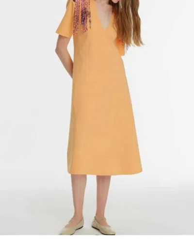 Exquise V Neck Midi Embroidered Knitted Dress In Peach In Orange