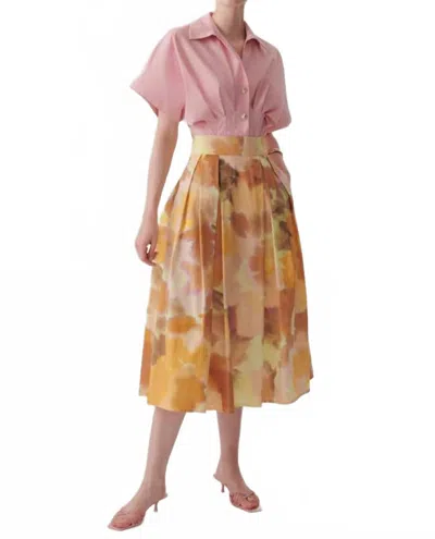 Exquise Valentina Watercolor Print Pleated Midi Skirt In Multi Color In Brown