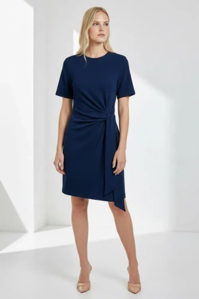 Exquise Velvet Crew Neck Mini Knit Dress In Blue
