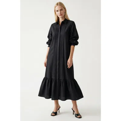 Exquise Venus Ruffle Hem Linen Maxi Shirt Dress In Black