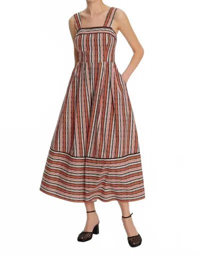 Exquise Wide Strap Pleated Striped Midi Dress In Original Print In Red