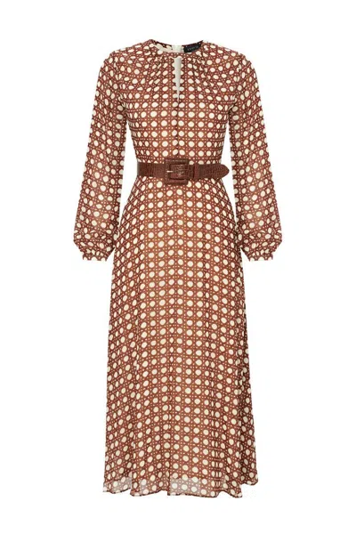Exquise Women's Belted Basket Patterned Chiffon Midi Alaina Dress – Brown