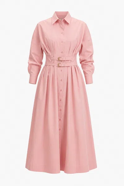 Exquise Women's Belted Fitted Waist Midi Shirt Dress – Pink In Multi