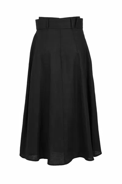 Exquise Women's Belted Flared Midi Linen Skirt - Black