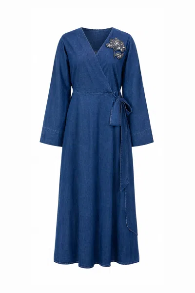 Exquise Women's Blue Delrick Embroidered Wrap Midi Dress With Long Sleeves & Belt - Indigo