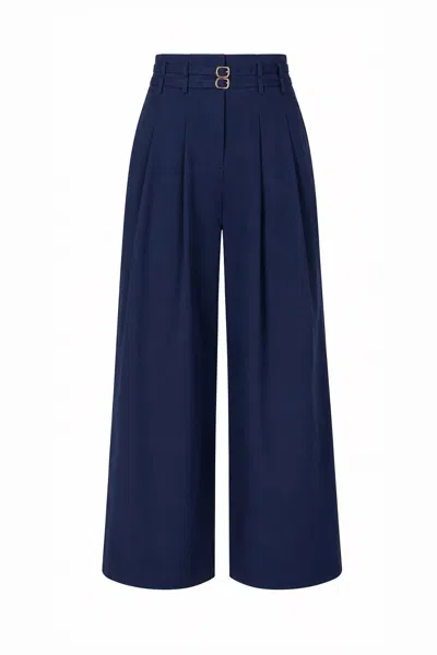 Exquise Women's Blue Mckenna Belted High Waisted Pleated Pants - Navy