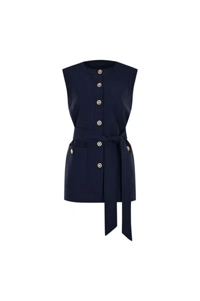 Exquise Women's Blue Slim Fit Textured Vest With Gold Button Details, Waist Tie, & Pockets-  Navy