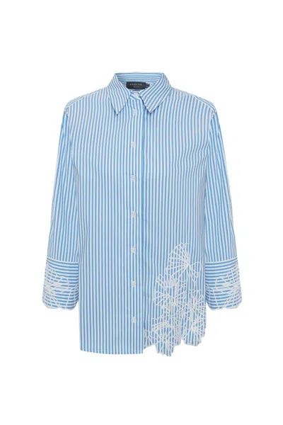 Exquise Women's Blue / White Regular Floral Embroidered Striped Eden Shirt - Blue