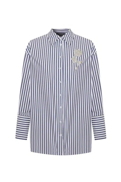 Exquise Women's Blue / White Regular Stone Embellished Striped Poplin Daniela Shirt - Navy In Brown