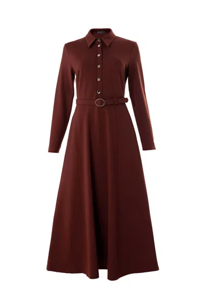 Exquise Women's Brown / Red Regular Shirt Collar Long Sleeve Knit Georgina K. Dress With Pockets - Brown