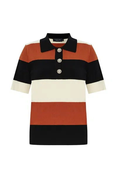 Exquise Women's Brown Regular Polo Collar Striped Knit Aidanne Blouse - Multi Color