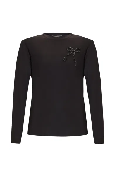 Exquise Women's Crew Neck Embroidered Woven Blouse - Black